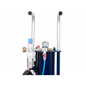 AEROCAP 501 mobiles Sandstrahlgerät: blauer Tank, Druckregler, Manometer, Ventile und Anschlüsse für Kompressoren.