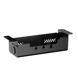 Schwarze, schwenkbare SOTECH CAVO Kabelwanne aus Stahl für Schreibtisch-Kabelmanagement, Untertischmontage, matt.