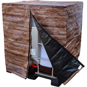 IBC Design-Cover Woody für 1000 l Tank, Holzoptik, mit Klettverschluss. Zubehör für Regentonnen.