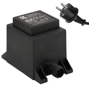 Schwarzer Kerry Electronics Trafo 30W 12V/AC IP44 mit 2-Pin-Stecker. Robuster Netzadapter für den Außenbereich.