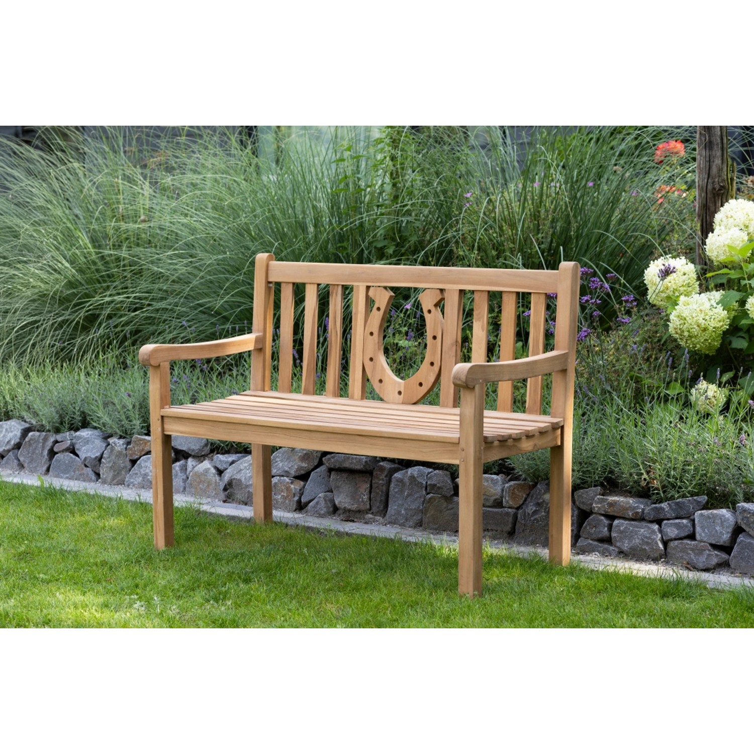 Gartenbank Hufeisen aus Teakholz, 120 cm breit, für den Garten oder die Terrasse.