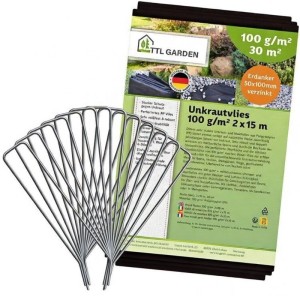 TTL GARDEN Unkrautvlies 100g/m² 2x15m Schwarz 30m² Inkl. 50 Erdanker 100mm Gartenvlies Mulchvlies UV-stabil Wasserdurchlässig