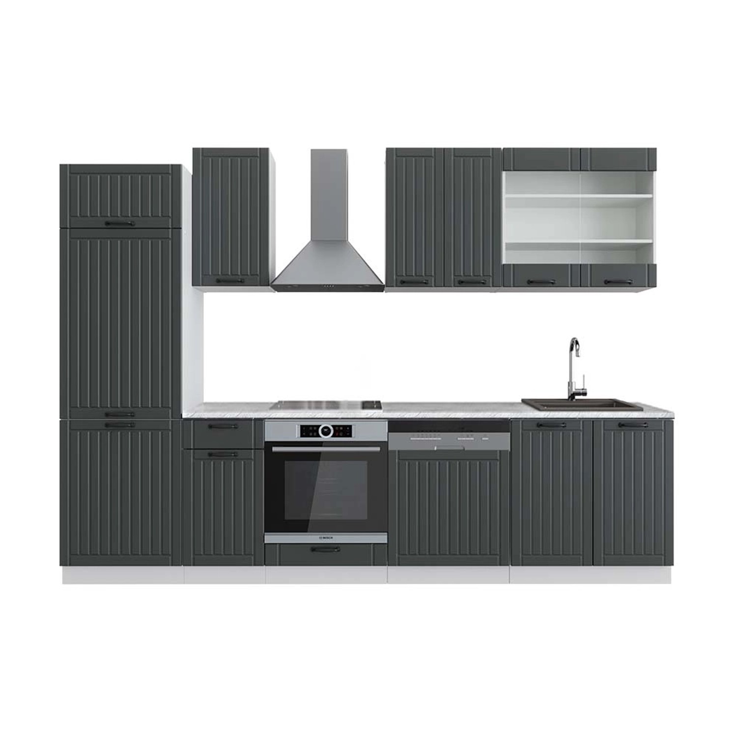 Vicco Fame-Line Küchenzeile Anthrazit Landhaus/Weiß 300 cm AP Marmor günstig online kaufen