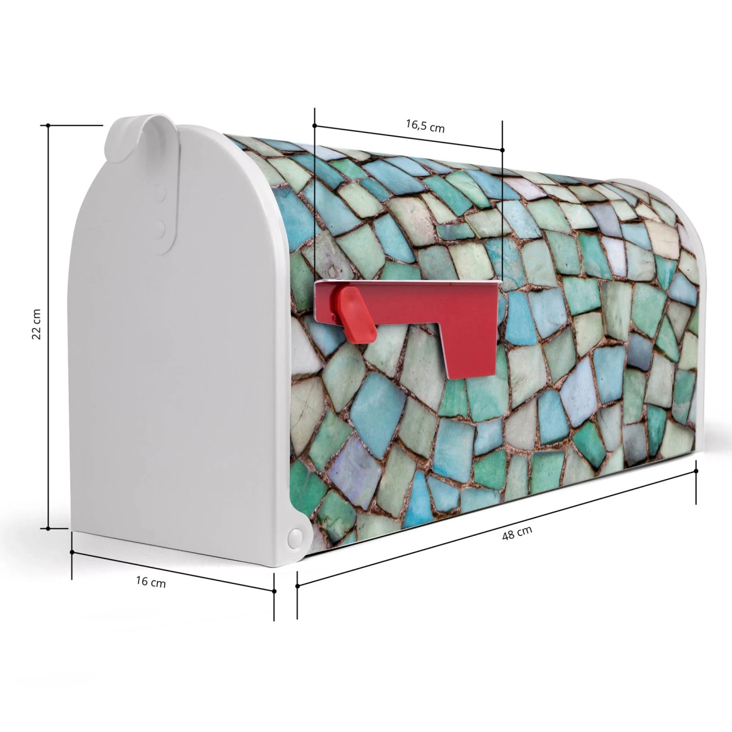 Weißer Banjado US Briefkasten mit blauem Mosaik-Muster und roter Fahne. Amerikanischer Postkasten aus Stahl, 48x22x16cm.