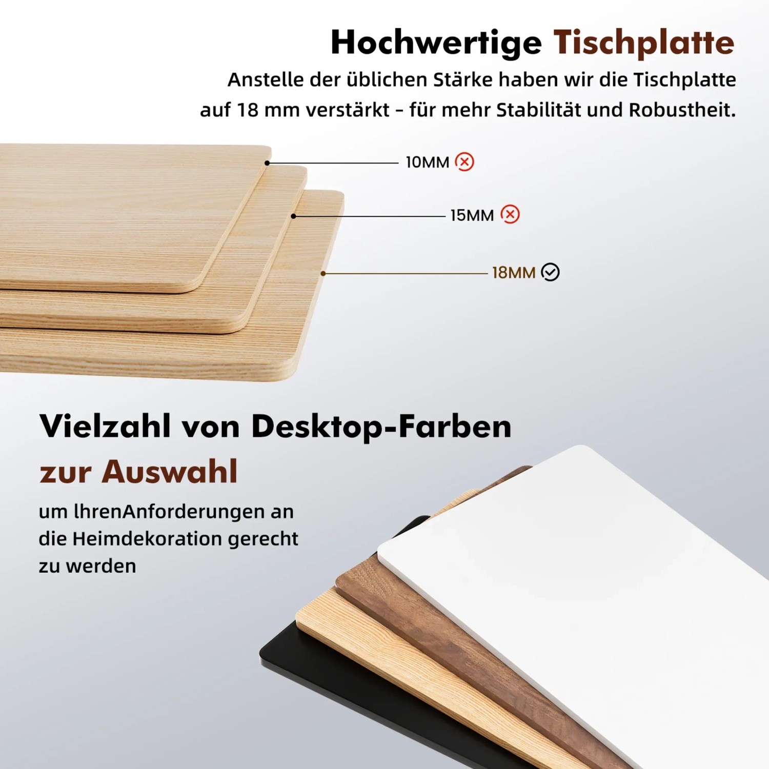 HOMAVO Schreibtisch: Tischplatten in verschiedenen Farben und Stärken im Detail.