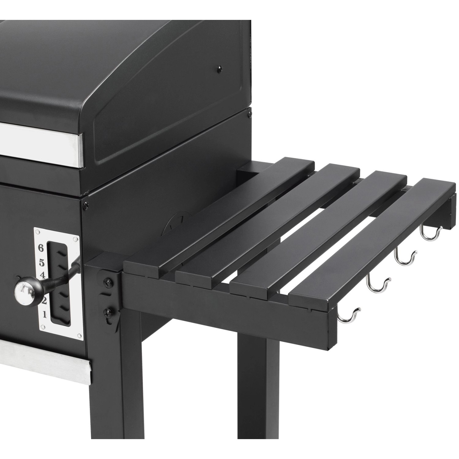 Detailansicht des El Fuego Holzkohlegrill Smoker Ontario XXL: Seitliche Ablage mit Haken.