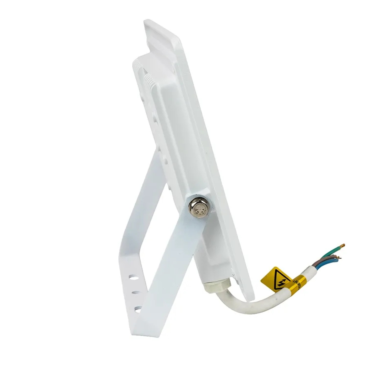 Weißer LUXULA LED Außenstrahler 50W im Slim Design, seitlich sichtbar mit verstellbarem Haltebügel und Kabel. Robuster Flutlichtstrahler.