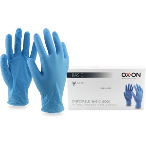 OX-ON Einweg-Handschuhe Basic 15000 blau, Größe 7, mit Box. Ideal für Reinigungs- und Lebensmittelarbeiten.