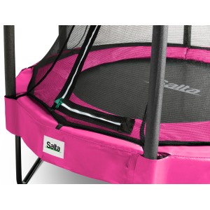 Detailansicht: Pinkes Salta Comfort Trampolin (ø 153 cm) mit Sicherheitsnetz und Reißverschluss.