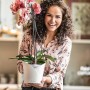 Frau hält weißen Lechuza Orchidea Pflanztopf mit rosa Orchidee. Ideal für Innenräume.