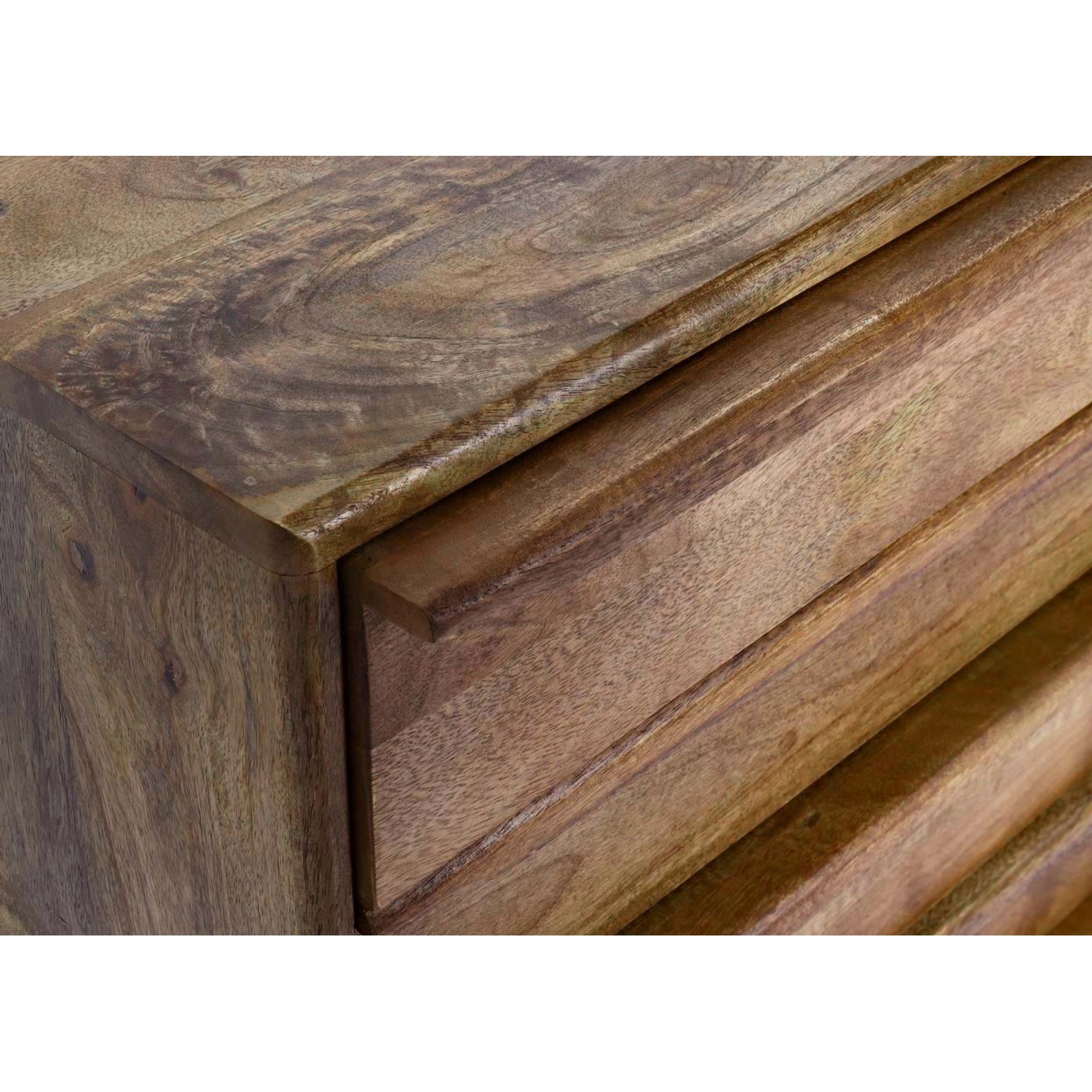 Detailaufnahme: MCW Highboard L96 aus Mangoholz mit Schubladen. Kommode für Wohnraum.