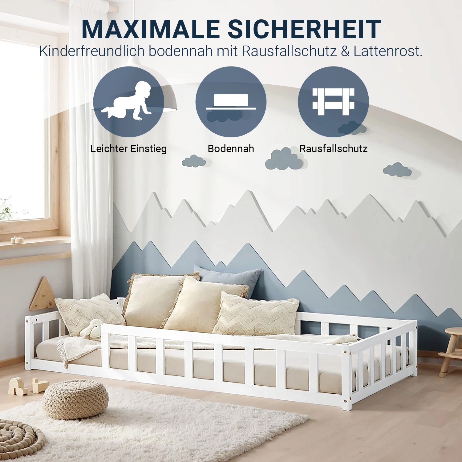 Weißes Homestyle4u Kinderbett 90x200 mit Rausfallschutz, Lattenrost und Matratze.
