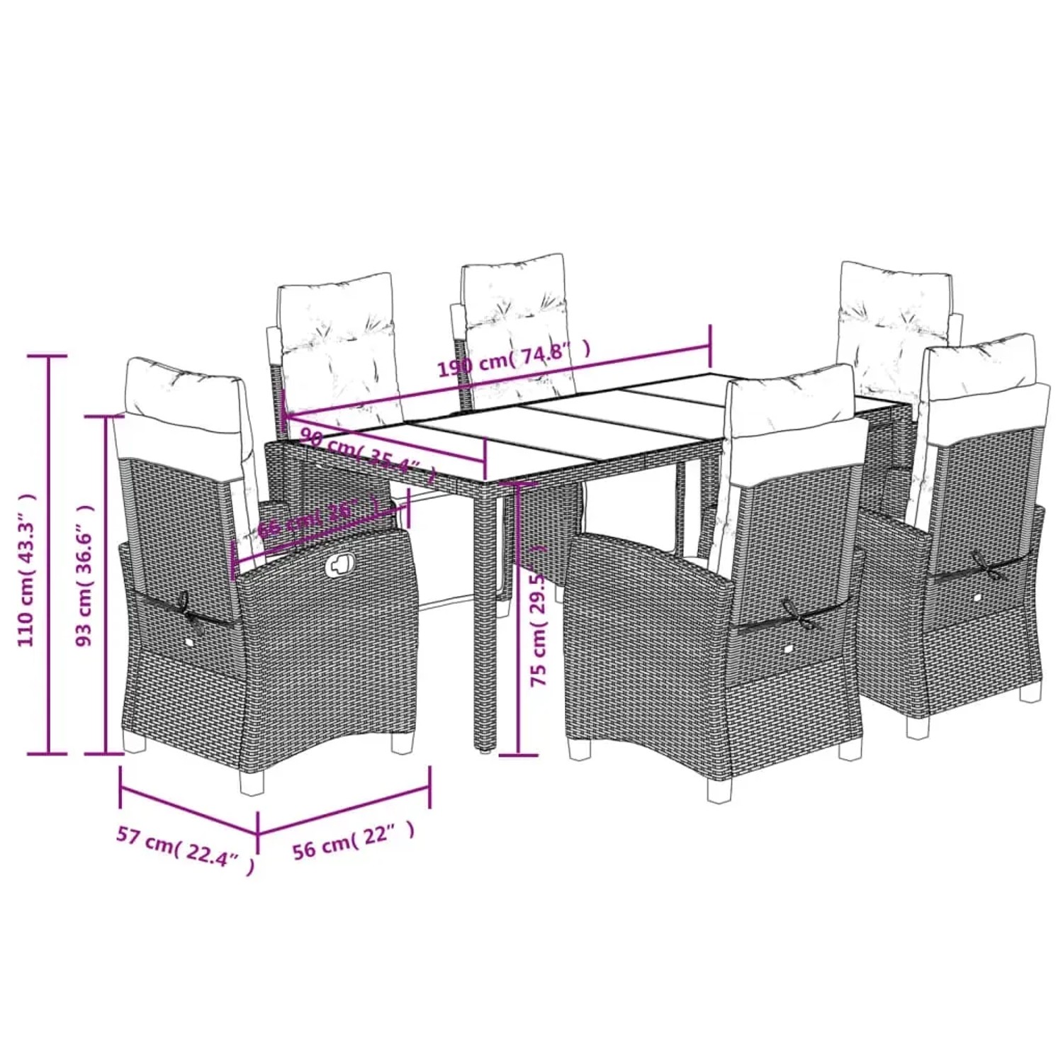 7-teilige Garten Essgruppe aus schwarzem Poly Rattan mit Tisch und 6 Stühlen mit cremefarbenen Kissen.