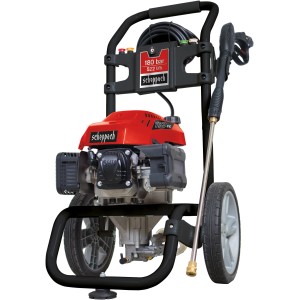 Scheppach HCP2600 Hochdruckreiniger mit Rädern, Lanze und rotem Motor.