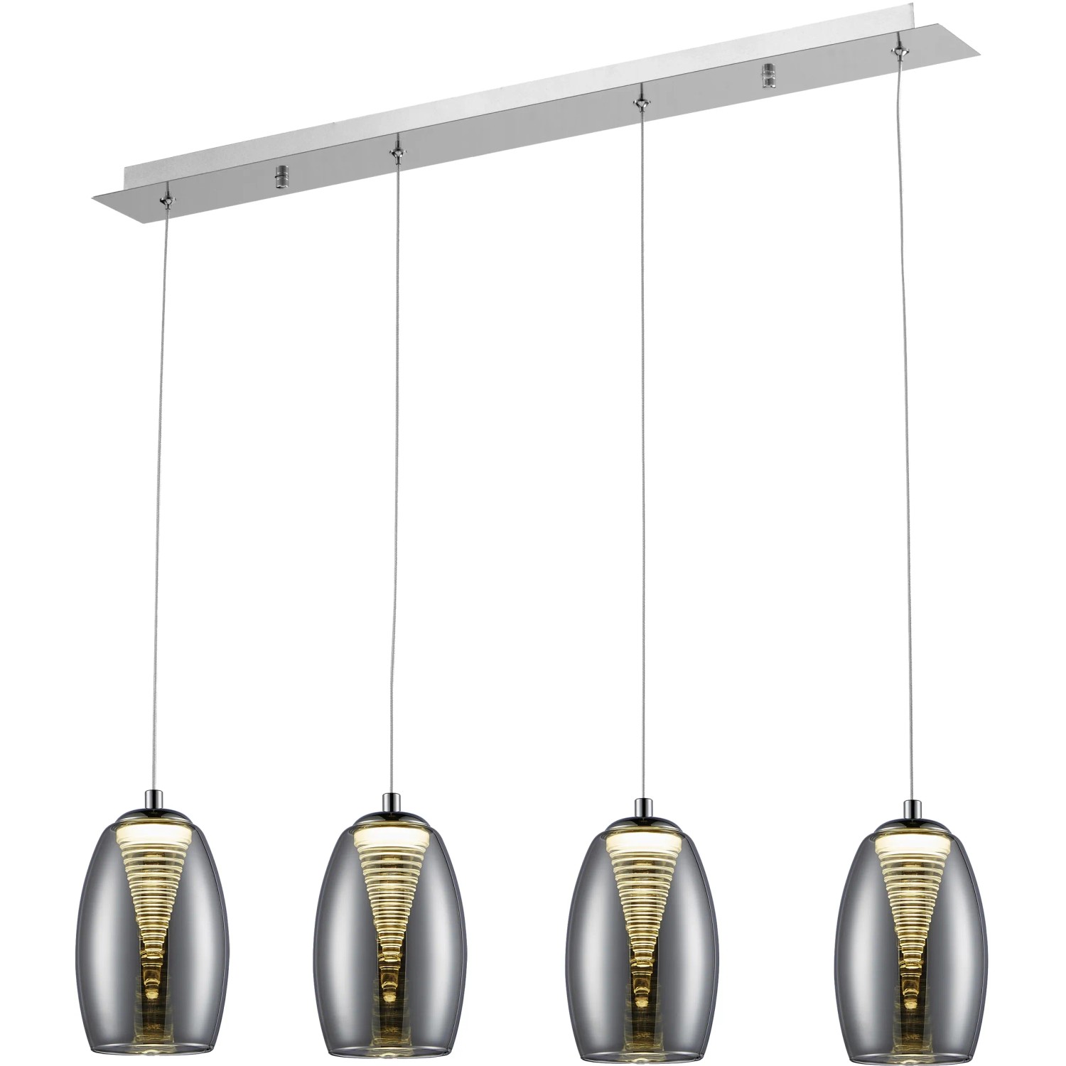 Moderne 5-flammige LED-Pendelleuchte Metropolis mit Rauchglas und Chrom-Finish.