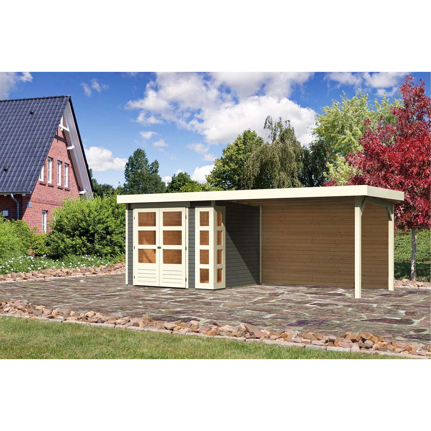 Karibu Holz-Gartenhaus/Gerätehaus Sölve Terragrau Flachdach Lackiert 238 cm x 213 cm
