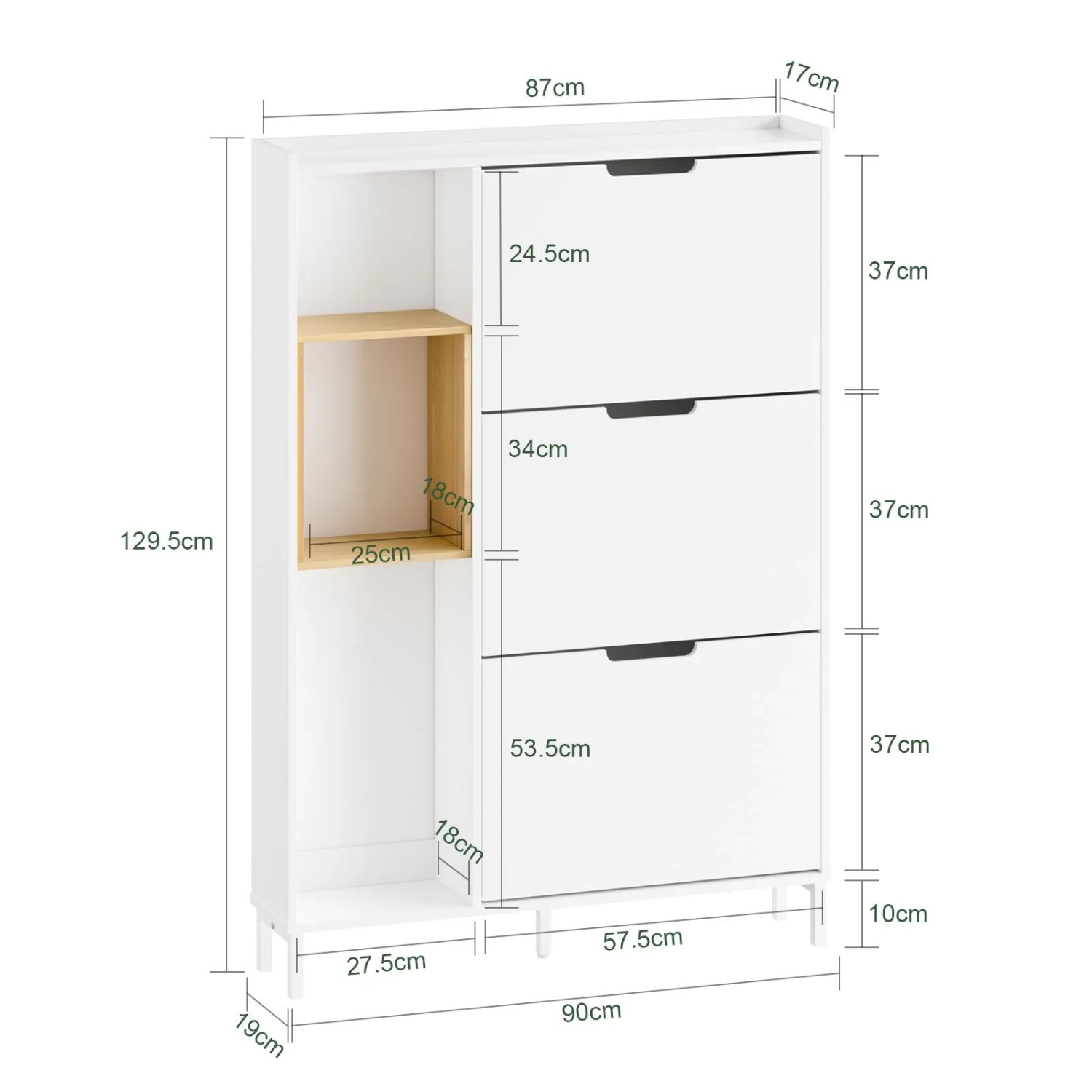 Schmaler weißer Schuhschrank mit 3 Klappen und offenem Bambusfach. 90x129,5x19cm Schuhkommode für Flur.