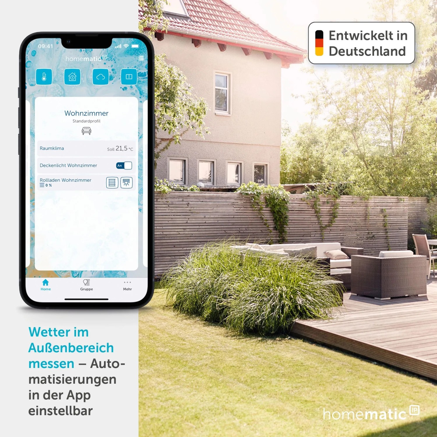 Homematic IP App auf Smartphone zeigt Wetterdaten und Hausautomation im Garten. Steuerung von Rollläden. Entwickelt in Deutschland.