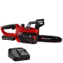 Einhell Akku-Kettensäge GE-LC 18/25-1 Li Kit (2,5Ah) in Rot-Schwarz mit Akku und Ladegerät.