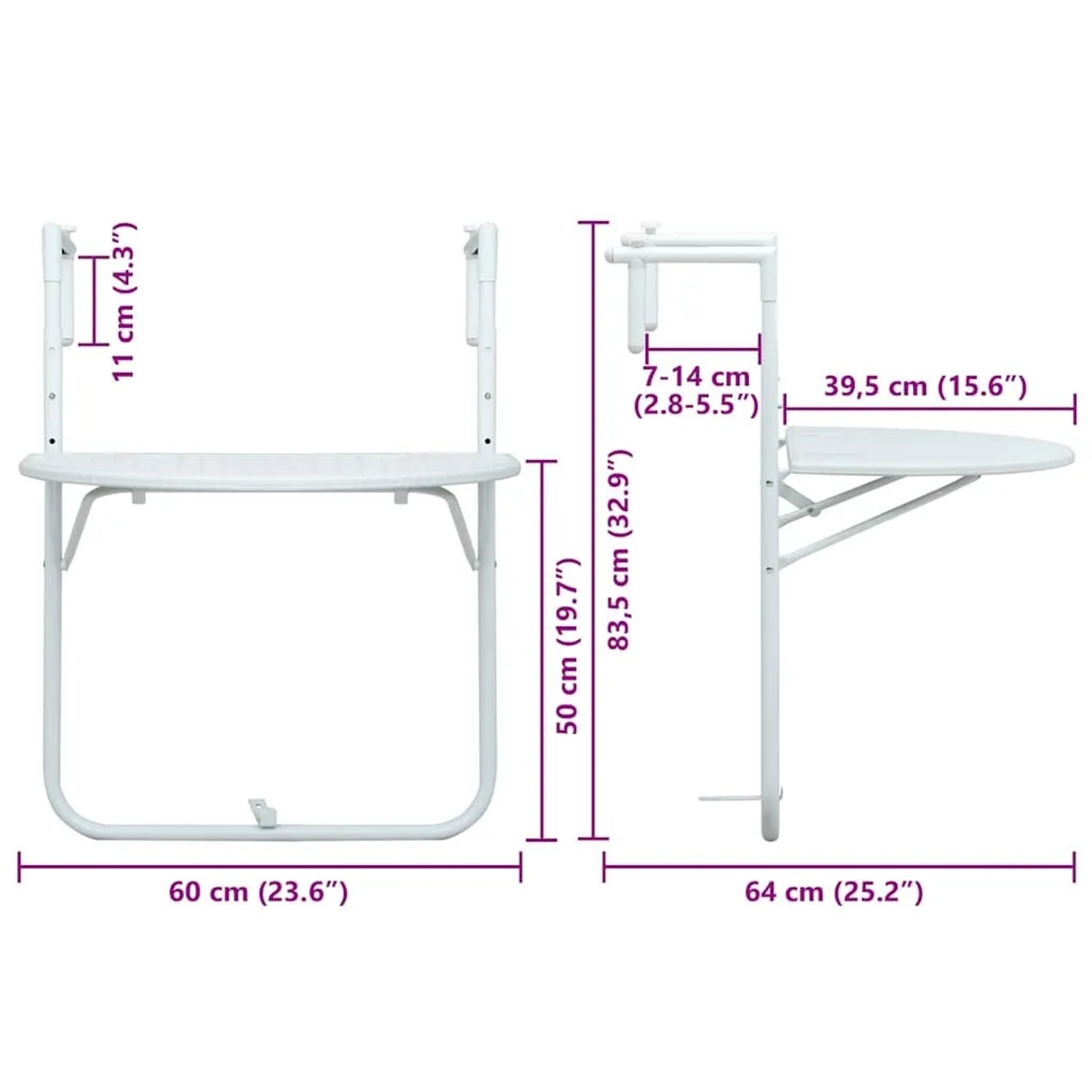Weißer vidaXL Balkon-Hängetisch (60x64x83,5 cm) aus Kunststoff in Rattan-Optik.