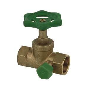 Kirchhoff Durchgangsventil mit Entleerung, 18,7 mm (1/2 IG), aus Metall mit grünem Griff.