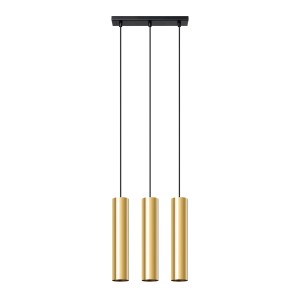 Sollux Lagos Pendelleuchte mit 3 goldenen Zylindern und schwarzer Aufhängung.