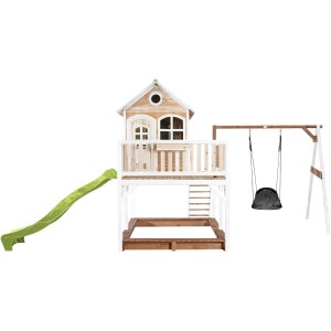 Axi Liam Spielhaus mit Nestschaukel und Rutsche in Braun, Weiß und Lindgrün. Inklusive Sandkasten.