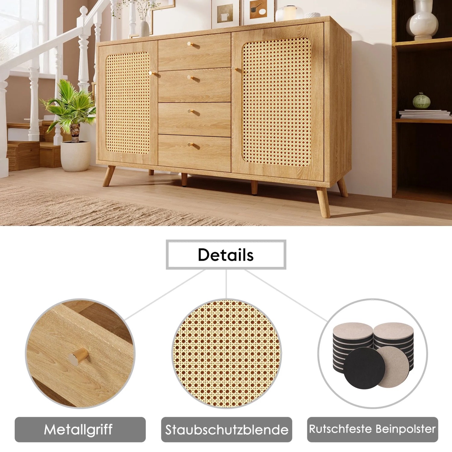 Merax Sideboard 140x40x86cm Rattan Optik Eiche_9