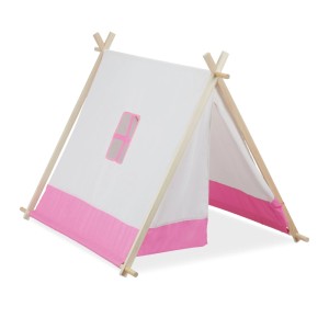 Relaxdays Tipi Zelt Polyester Holz Weiß Rosa mit Fenster 92 cm x 120 cm x 86 cm 2,1 kg