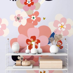 Fototapete Blumen in Rosa, Flieder, Schwarz und Beige. Florales Muster für Wandgestaltung.