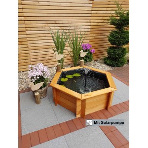 Promadino Sechseck-Hochteich aus Kiefernholz mit Solarpumpe, Ø 100 cm.