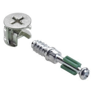 Hettich Rastex 15/20 mm Verbindungsbeschlag für Möbel, bestehend aus Dübel und Gehäuse.