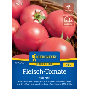 Kiepenkerl Fleisch-Tomate Fuji Pink: Dunkelrosa Tomaten auf Saatguttüte.