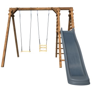 Soulet Holzschaukel Prune mit Rutsche und zwei Schaukelsitzen für Kinder.