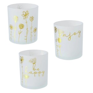 Boltze Windlicht Davina XS, 3er Set, weißes Glas mit goldenem Blumendekor und Schriftzug.