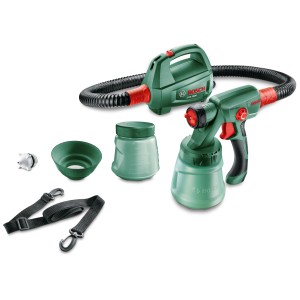 Bosch PFS 2000 Feinsprühsystem mit Pistole, Behälter, Düse und Tragegurt.