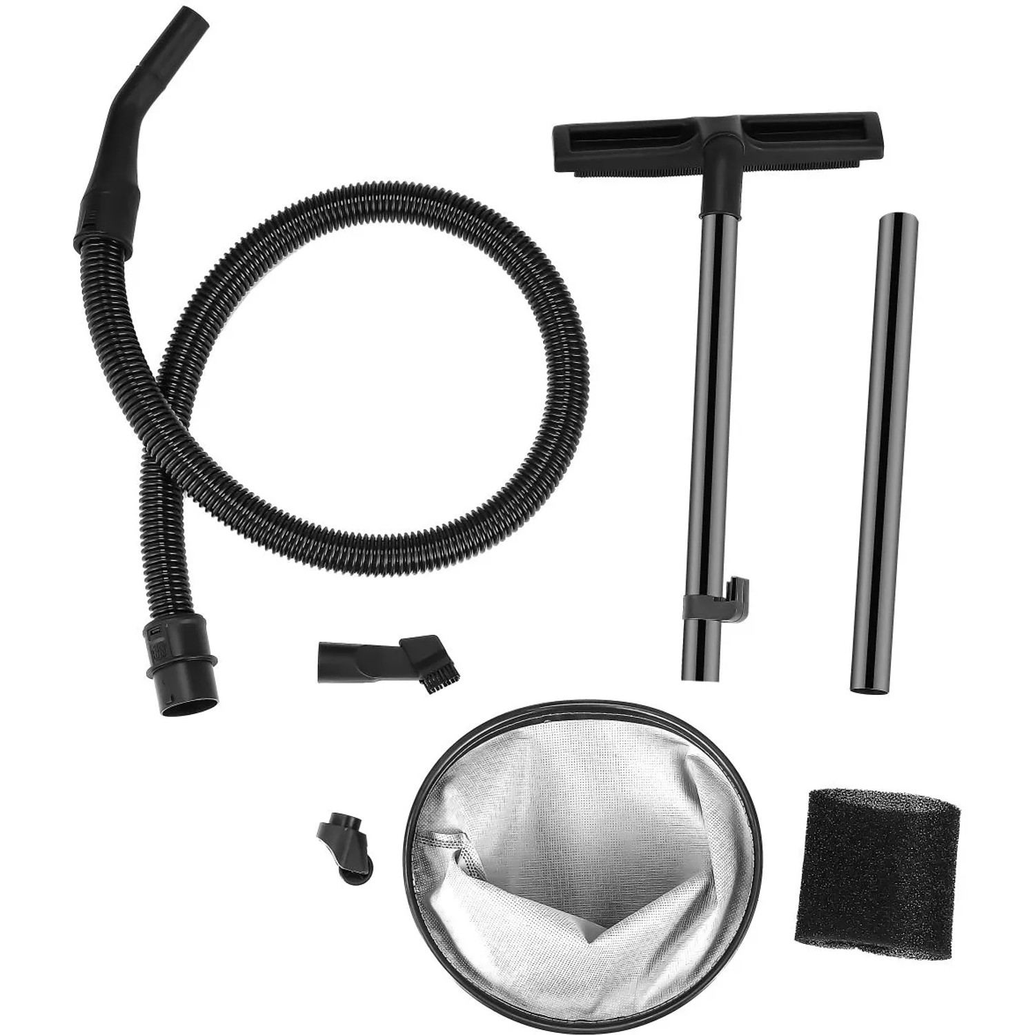 Zubehör-Set für Atrox Nass- und Trockensauger: Schlauch, Düsen, Saugrohre, Filterbeutel, Schaumstofffilter.
