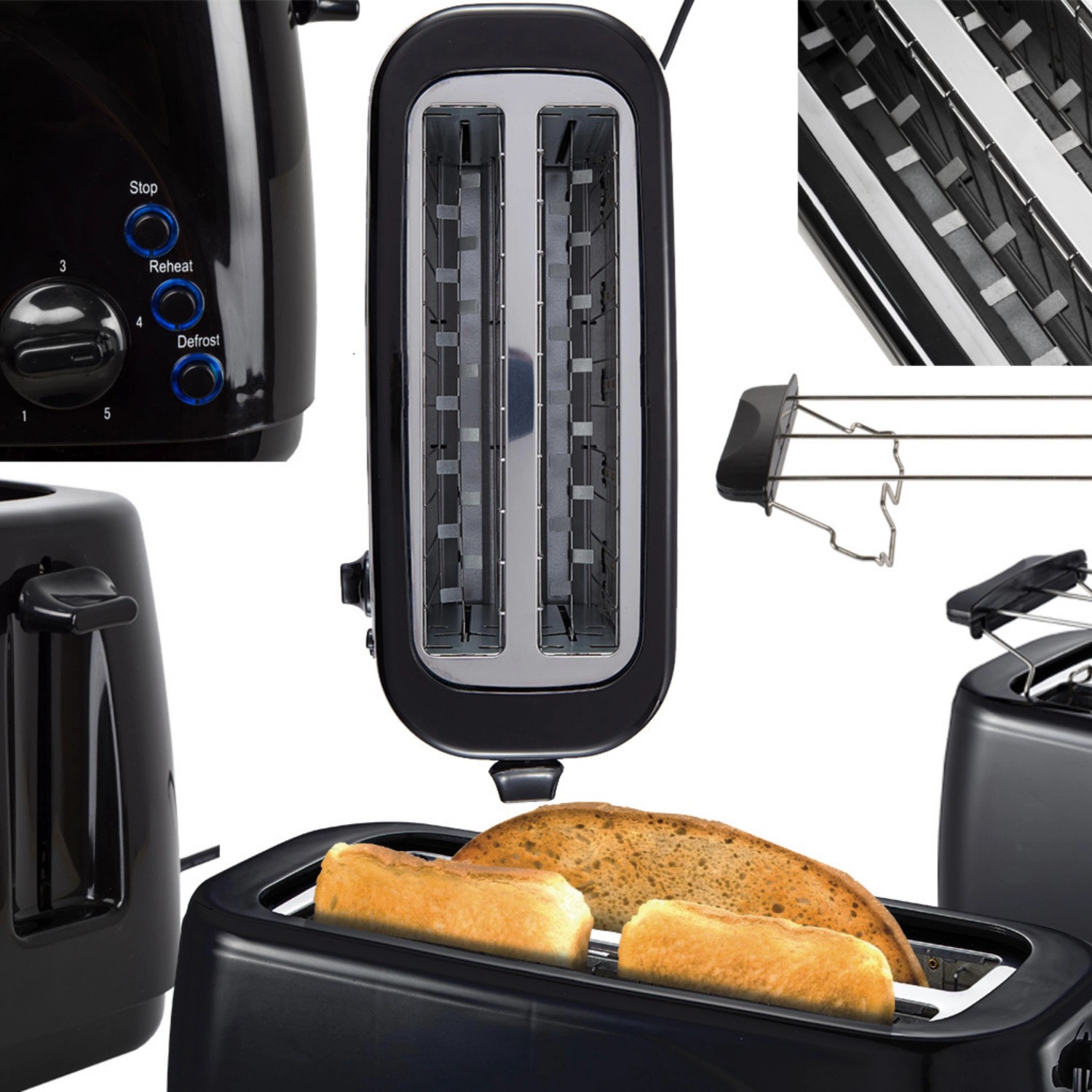 Zilan Langschlitztoaster XXL, 1400W, schwarz, mit Brötchenaufsatz und Toast