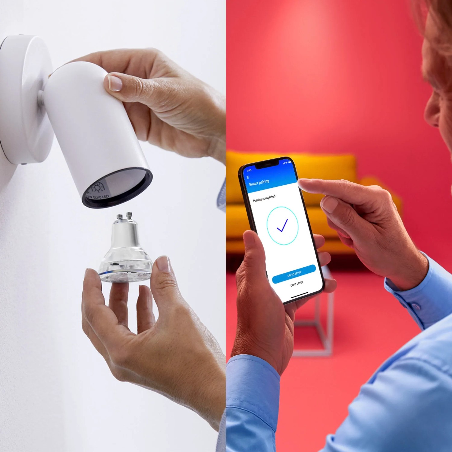 WiZ LED-Spot GU10 Glühbirne (2er-Pack) wird in eine Lampe eingesetzt und per App gesteuert.