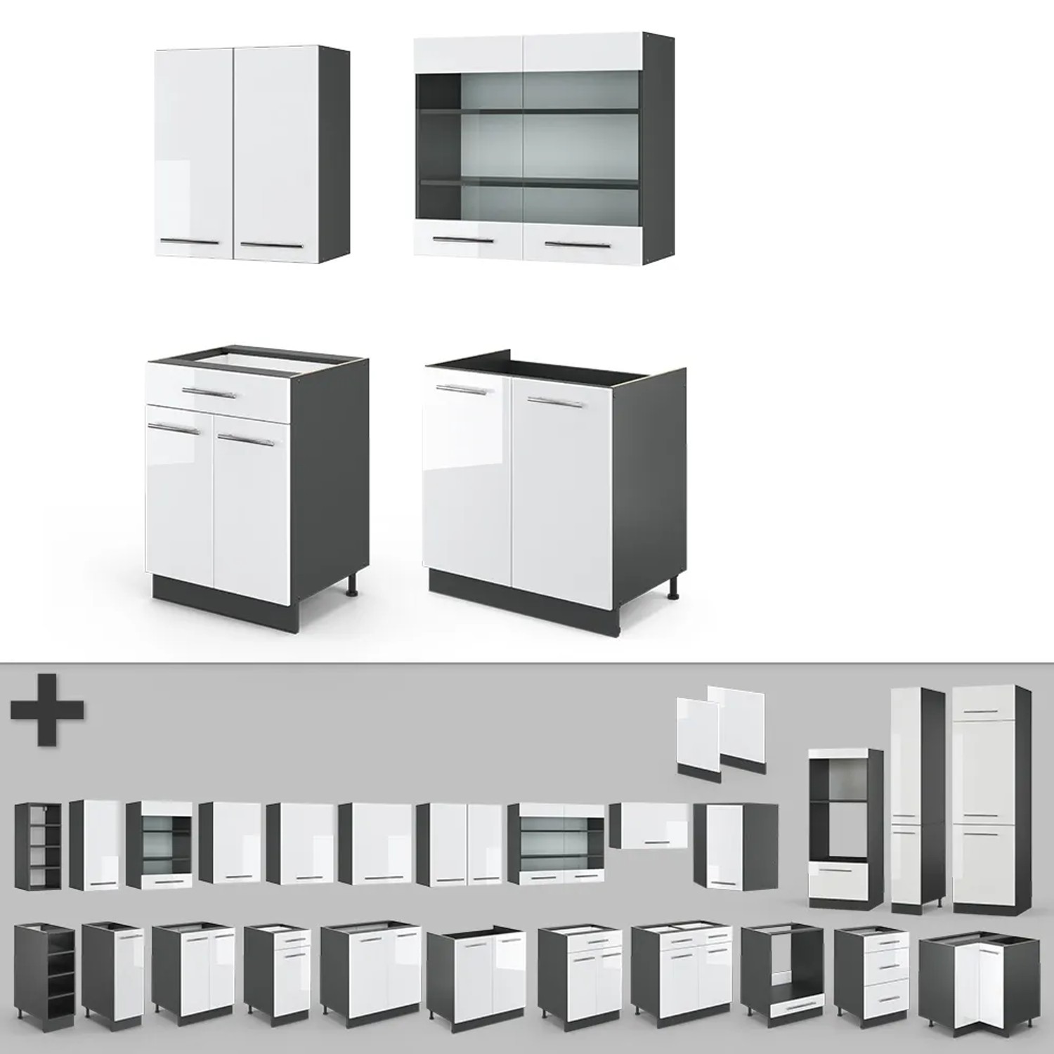 Vicco Fame-Line Singleküche, 140 cm, Weiß Hochglanz/Anthrazit, Küchenzeile ohne Arbeitsplatte.