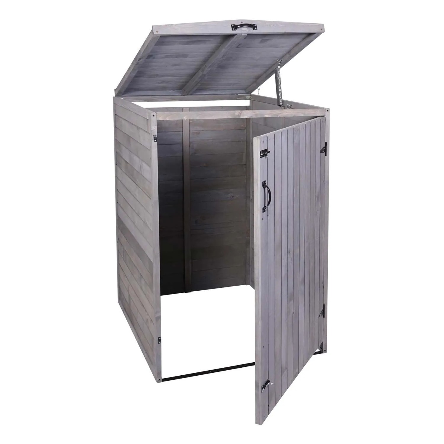 Anthrazit-graue Mülltonnenverkleidung aus Tannenholz, Deckel und Tür geöffnet. Robuste Mülltonnenbox für 1 Tonne.