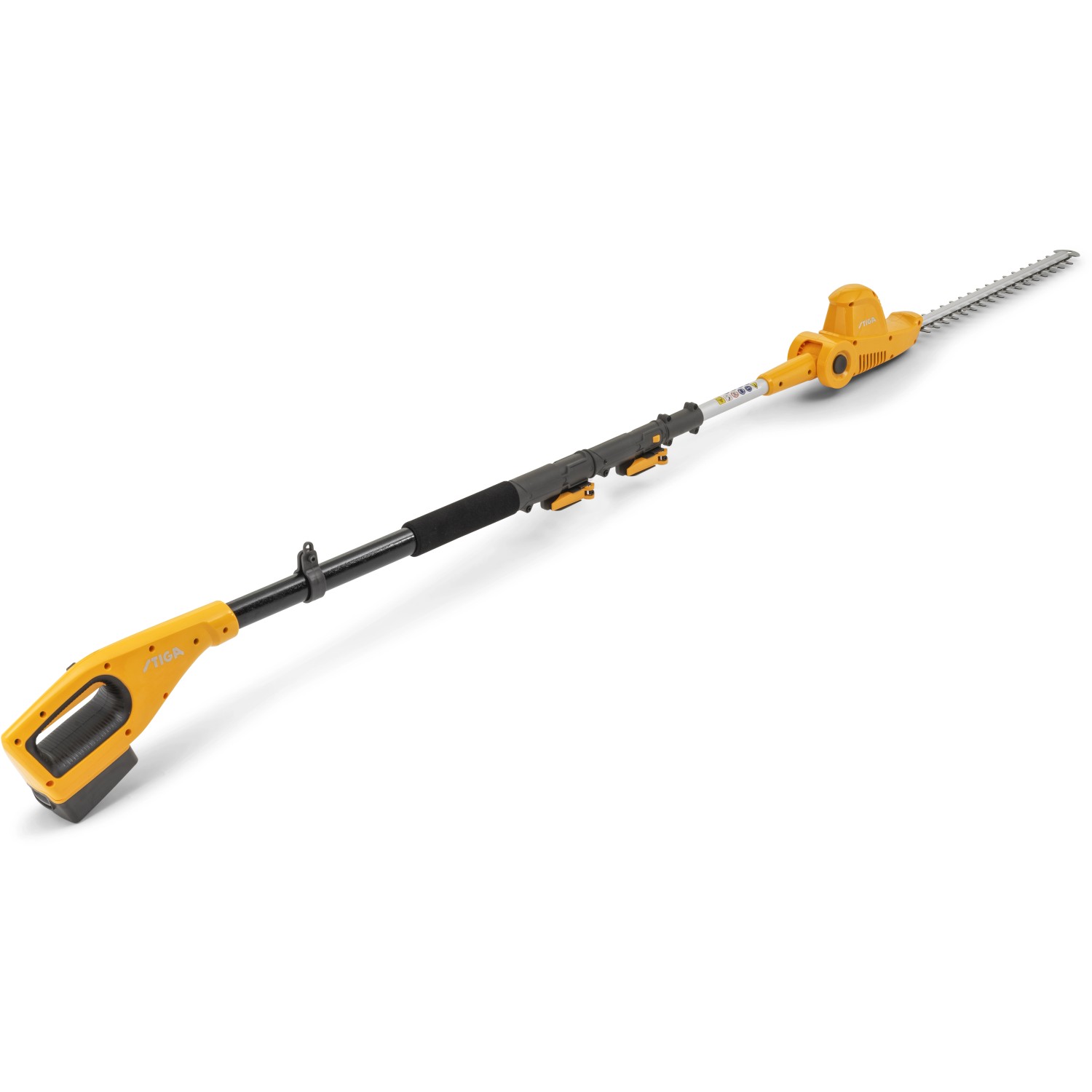 Stiga Akku-Multitool MT 100e mit Heckenscheren- und Hochentaster-Aufsatz, Akku und Ladegerät.