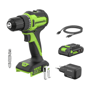 Greenworks Akkuschrauber-Set in Schwarz-Grün, 35 Nm Drehmoment, mit Akku, Ladegerät, USB-C Kabel und Bit.