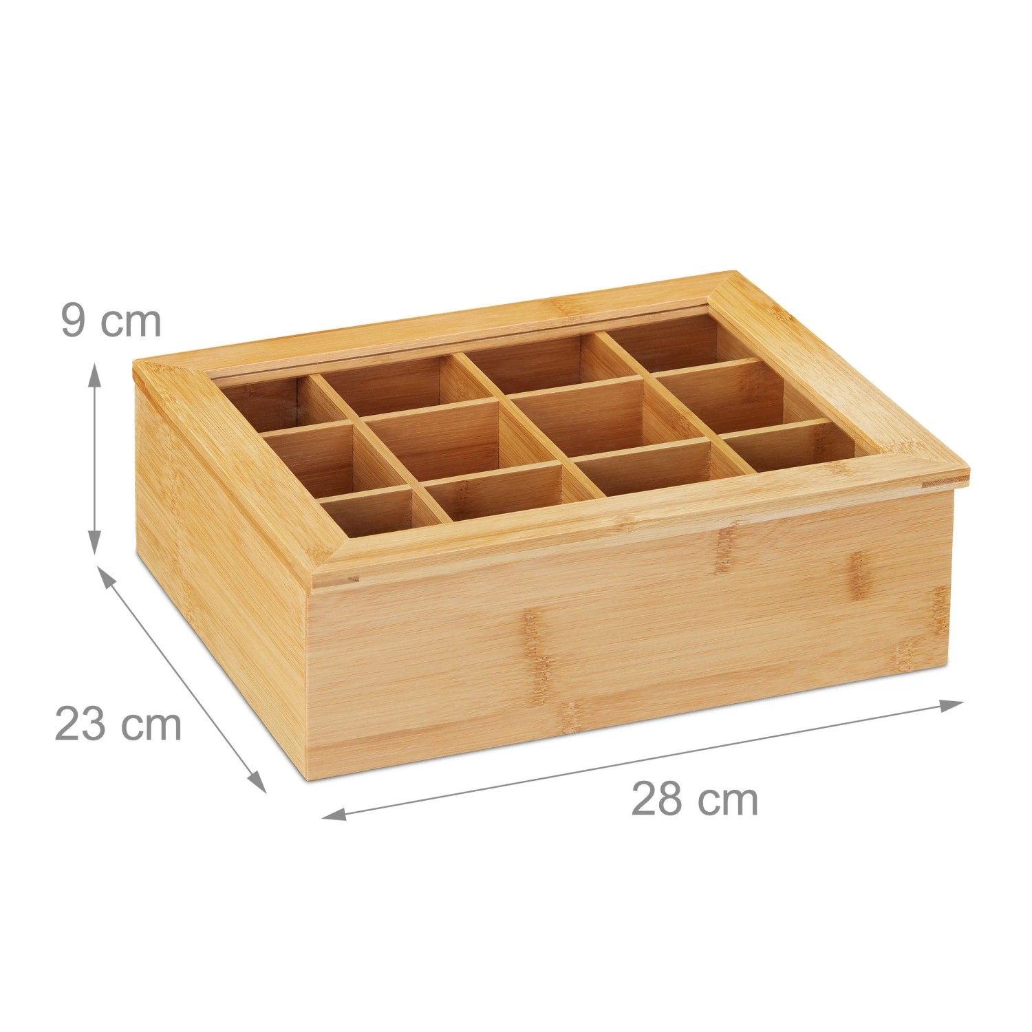 Bambus Teebox mit 12 Fächern und Sichtfenster im Deckel. Ideal für Teebeutel, Kaffeekapseln. Maße: 9x28x23 cm.