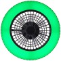 Schwarze LED-Deckenleuchte Badria mit Ventilator und grünem Lichtkranz, Ø 49 cm.