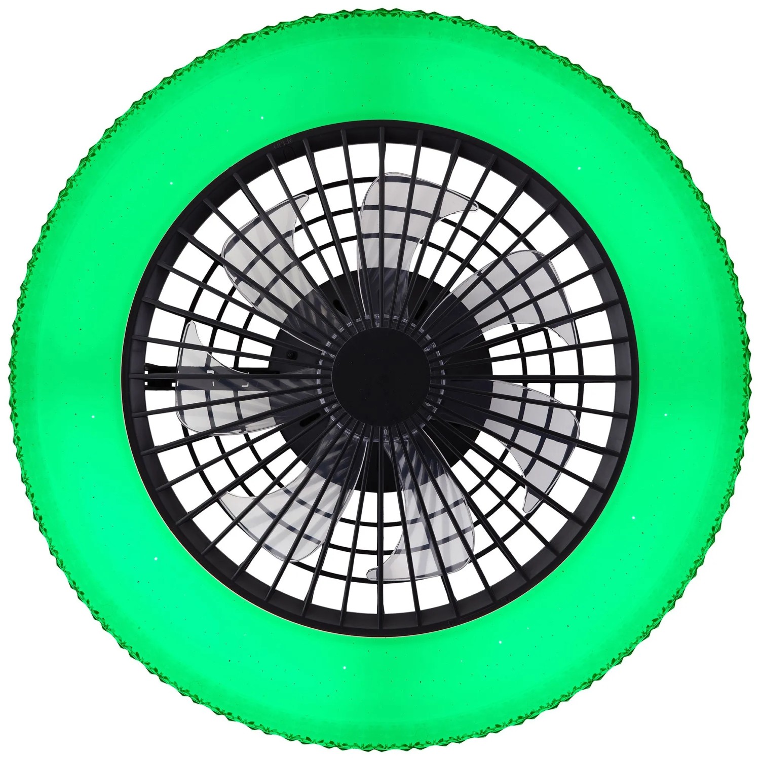 Schwarze LED-Deckenleuchte Badria mit Ventilator und grünem Lichtkranz, Ø 49 cm.