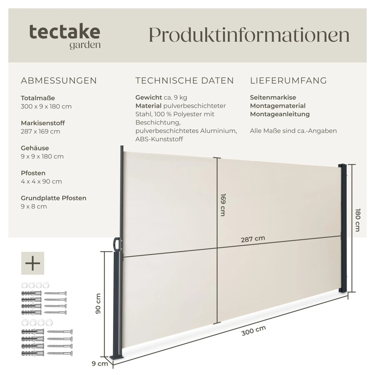 Tectake Seitenmarkise 180 x 300 cm Wetterfest Blickdicht 300 x 180 cm 9 x 300 x 180 cm Beige_6