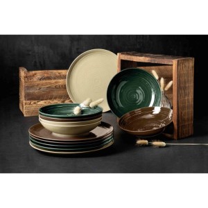 Seltmann Weiden Terra Tafelservice: Moosgrüne, beige, braune Teller & Schalen mit spiralförmigem Relief.