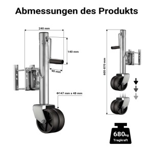 Wiltec Doppelstützrad Bis 680Kg Schwerlast Anhängerstütze Schwenkarm Bugrad
