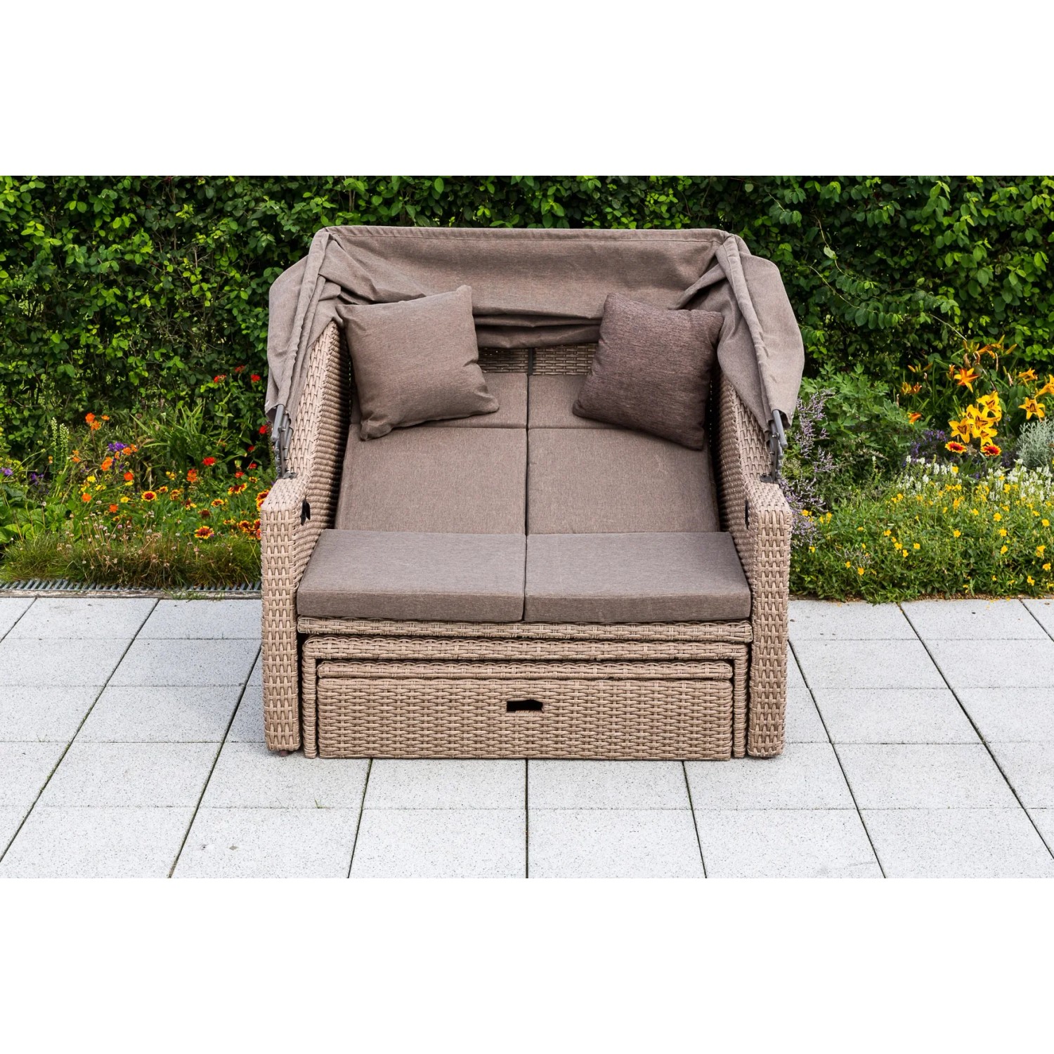 Gartenbank Rimini Natur mit Hülle, Lounge-Gartenmöbel aus Polyrattan mit Kissen und verstellbarem Dach.